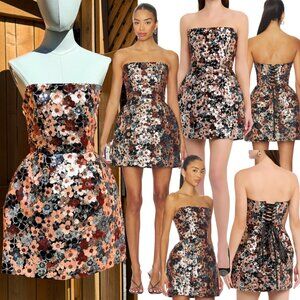 Bronx and Banco Strapless Floral Sequin Mini Dress in Black, Rose, Copper
